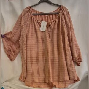 Relaxed Plaid Peasant Tunic in Dusty Pink